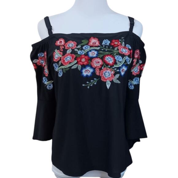 Artsy INC Off Shoulder Top Blouse S Floral Embroidered Flare Whimsigoth Coquette - Picture 8 of 10